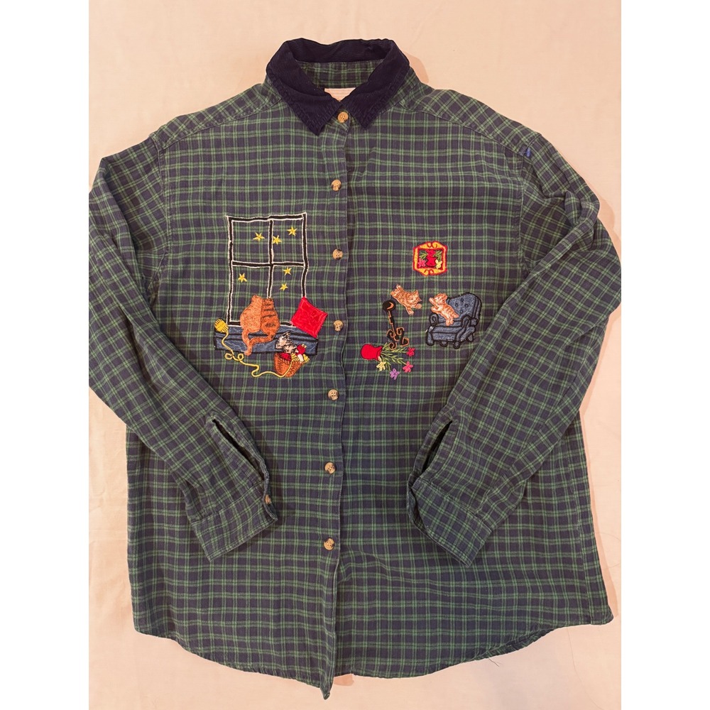 Vtg 90s Casey & Max Cat Embroidered Grandmacore Plaid Flannel Corduroy Collar M